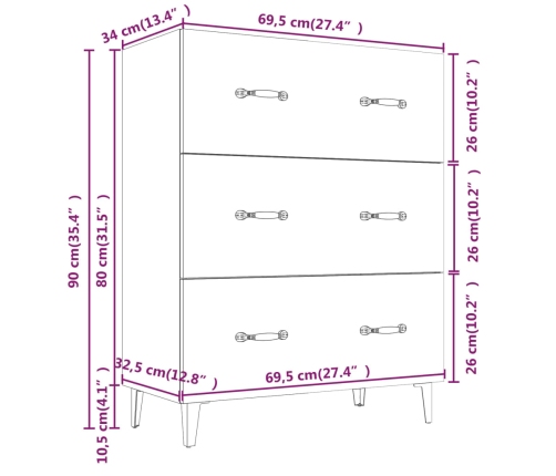 vidaXL kumode, ozolkoka krāsa, 69,5x34x90 cm, inženierijas koks