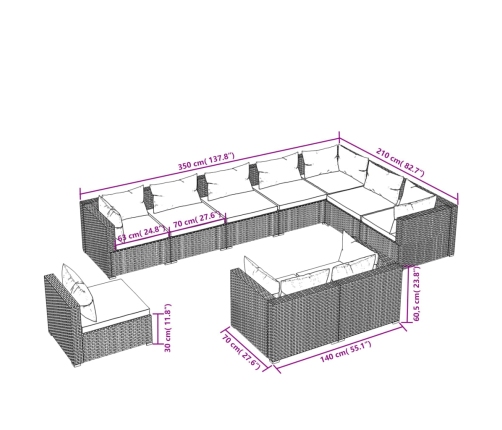 vidaXL 10-daļīgs dārza atpūtas mēbeļu komplekts, brūna PE rotangpalma