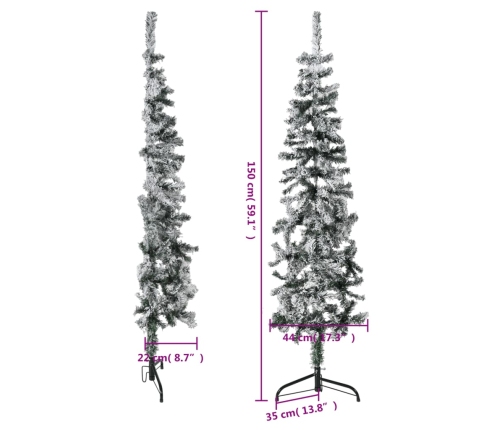 vidaXL mākslīgā Ziemassvētku egle ar sniegu, šaura, pusapaļa, 150 cm