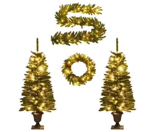 vidaXL mākslīgās Ziemassvētku egles, 2 gab., ar vainagu, vītni un LED