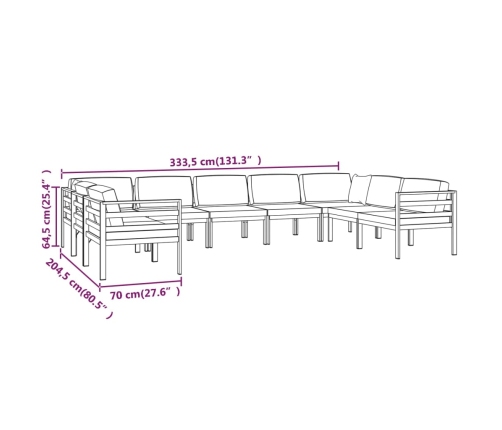 vidaXL 9-daļīgs dārza atpūtas mēbeļu komplekts ar matračiem, alumīnijs