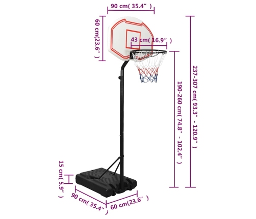 vidaXL basketbola vairogs, balts, 237-307 cm, polietilēns