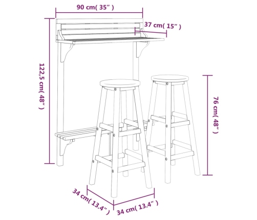 vidaXL 3-daļīgs balkona bāra mēbeļu komplekts, akācijas masīvkoks