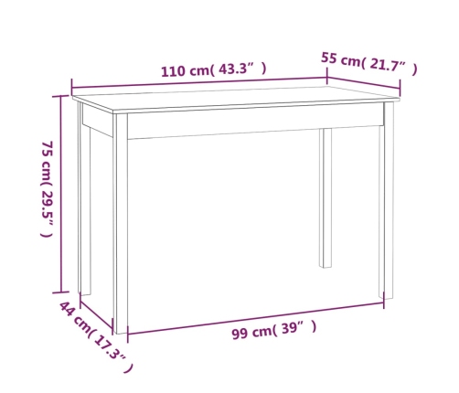 vidaXL virtuves galds, balts, 110x55x75 cm, priedes masīvkoks