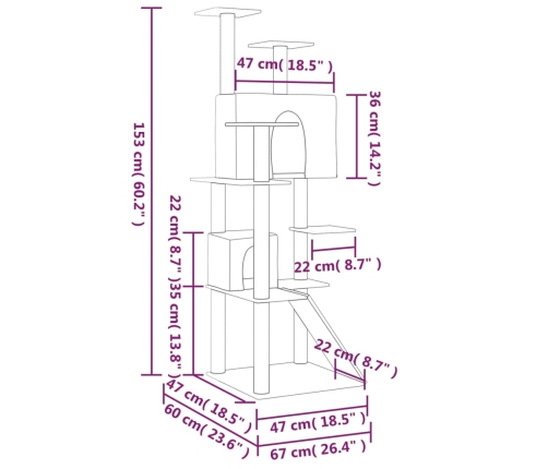 vidaXL kaķu māja ar sizala stabiem nagu asināšanai, 153 cm, krēmkrāsas