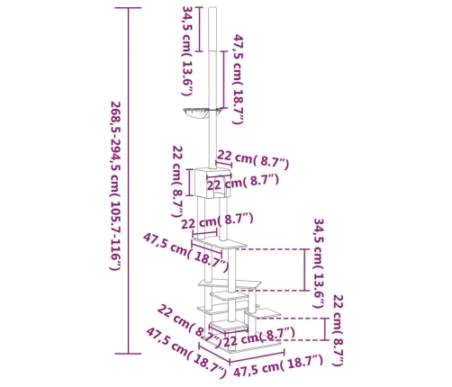 vidaXL kaķu māja līdz griestiem, krēmkrāsas, 268,5-294,5 cm