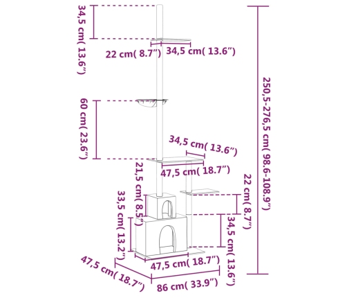 vidaXL kaķu māja līdz griestiem, gaiši pelēka, 250,5-276,5 cm