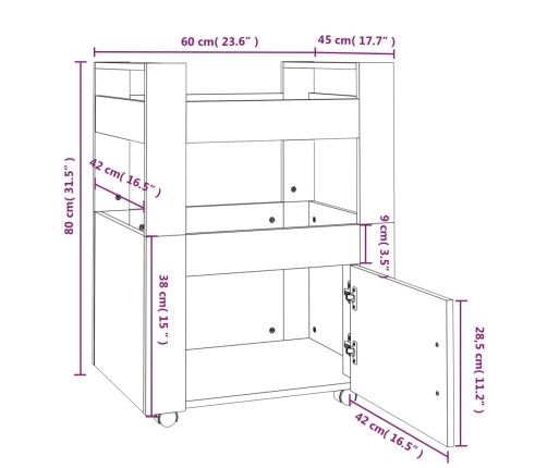 vidaXL virtuves ratiņi, ozolkoka krāsa, 60x45x80 cm, inženierijas koks