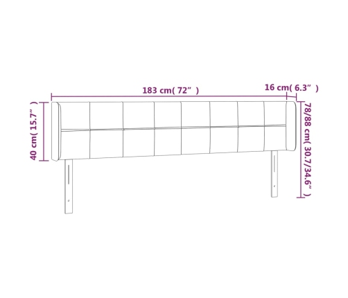 vidaXL gultas galvgalis ar LED, 183x16x78/88 cm, krēmkrāsas audums