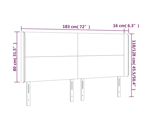 vidaXL gultas galvgalis ar LED, 183x16x118/128 cm, gaiši pelēks samts