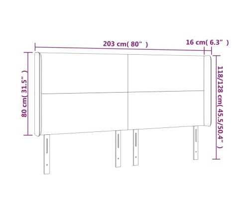 vidaXL gultas galvgalis ar LED, 203x16x118/128 cm, balta mākslīgā āda