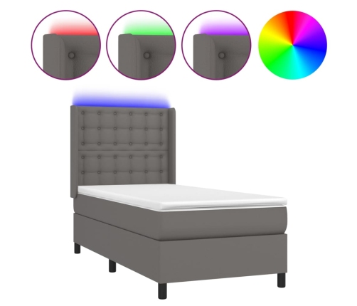 vidaXL atsperu gulta ar matraci, LED, pelēka, 100x200 cm, mākslīgā āda