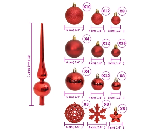 vidaXL Ziemassvētku eglītes rotājumi, 111 daļas, sarkans polistirols