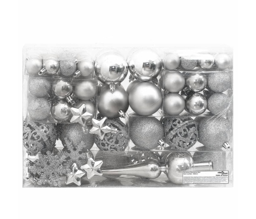 vidaXL Ziemassvētku eglītes rotājumi, 111 gab., sudrabains polistirols