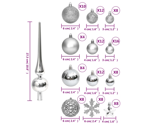 vidaXL Ziemassvētku eglītes rotājumi, 111 gab., sudrabains polistirols