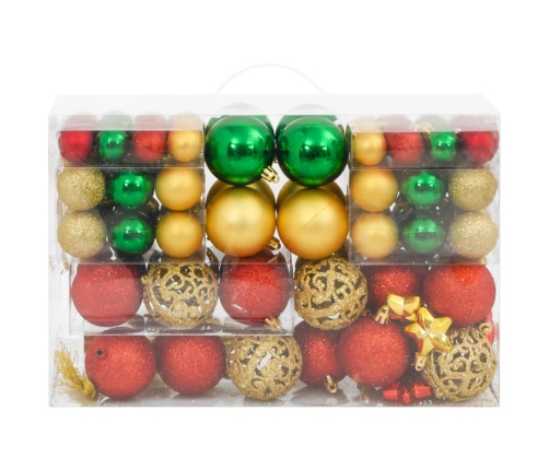 vidaXL Ziemassvētku eglītes rotājumi, 112 gb., sarkani, zaļi, zeltaini