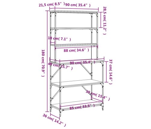 vidaXL virtuves plaukts, 6 līmeņi, pelēka ozola, 90x40x180 cm, koks
