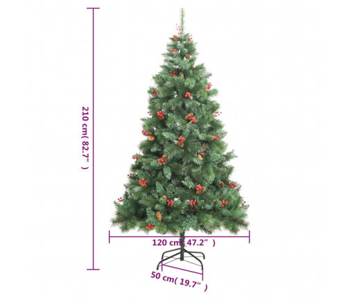 vidaXL mākslīgā Ziemassvētku egle ar čiekuriem un ogām, 210 cm