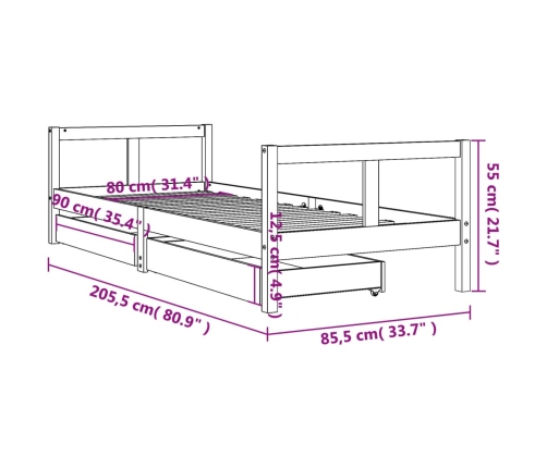 vidaXL bērnu gultas rāmis ar atvilktnēm, 80x200 cm, priedes masīvkoks