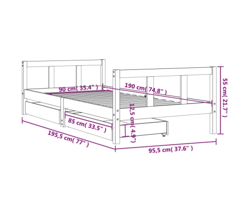 vidaXL bērnu gultas rāmis ar atvilktnēm, balts, priedes masīvkoks