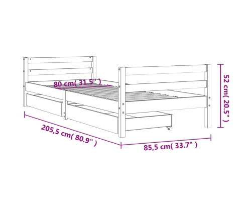 vidaXL bērnu gultas rāmis ar atvilktnēm, 80x200 cm, priedes masīvkoks