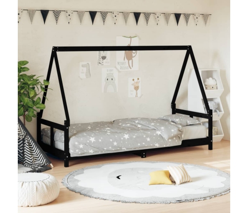 vidaXL bērnu gultas rāmis, melns, 80x200 cm, priedes masīvkoks
