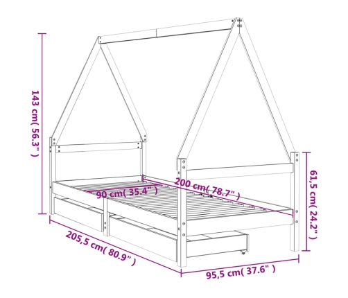 vidaXL bērnu gultas rāmis ar atvilktnēm, balts, priedes masīvkoks