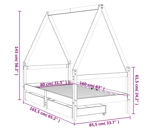 Bērnu Gultas Rāmis Ar Atvilktnēm, 80X160 Cm, Priedes Masīvkoks Vidaxl