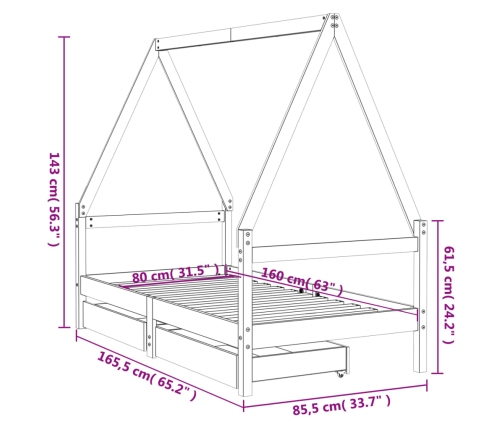 vidaXL bērnu gultas rāmis ar atvilktnēm, melns, priedes masīvkoks
