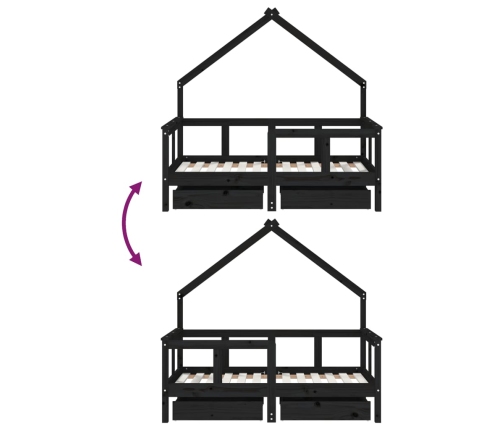 vidaXL bērnu gultas rāmis ar atvilktnēm, melns, priedes masīvkoks