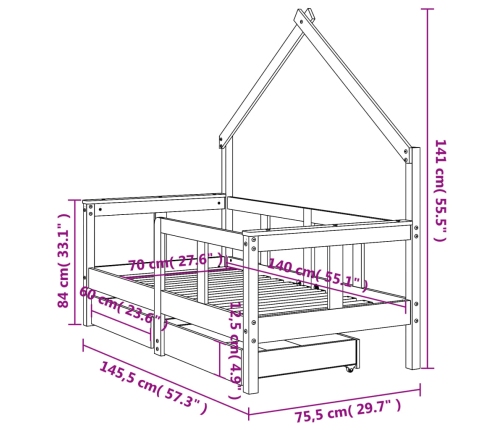 vidaXL bērnu gultas rāmis ar atvilktnēm, melns, priedes masīvkoks