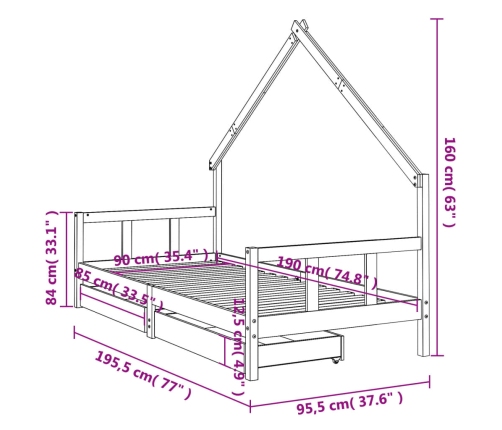 Bērnu Gultas Rāmis Ar Atvilktnēm, 90X190 Cm, Priedes Masīvkoks Vidaxl