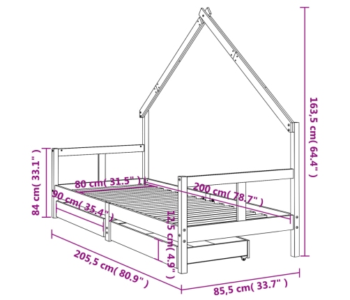 vidaXL bērnu gultas rāmis ar atvilktnēm, 80x200 cm, priedes masīvkoks