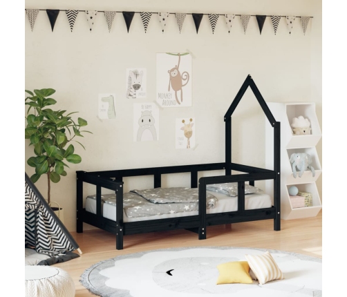 vidaXL bērnu gultas rāmis, melns, 70x140 cm, priedes masīvkoks