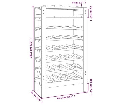 vidaXL vīna pudeļu plaukts, 61,5x30x107,5 cm, priedes masīvkoks