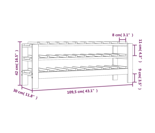 vidaXL vīna pudeļu plaukts, 109,5x30x42 cm, priedes masīvkoks