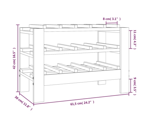 vidaXL vīna pudeļu plaukts, 61,5x30x42 cm, priedes masīvkoks