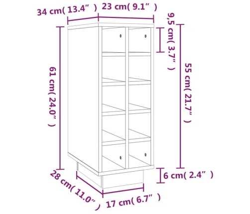 vidaXL vīna pudeļu plaukts, 23x34x61 cm, priedes masīvkoks