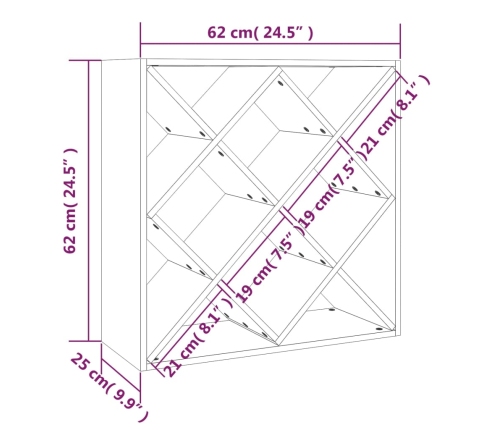 vidaXL vīna pudeļu plaukts, 62x25x62 cm, priedes masīvkoks