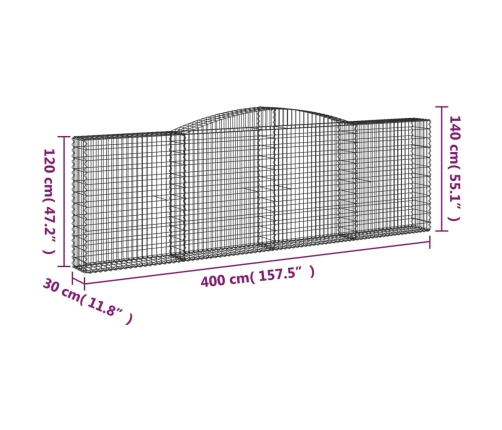 vidaXL arkveida gabiona grozi, 6 gb., 400x30x120/140cm, cinkota dzelzs