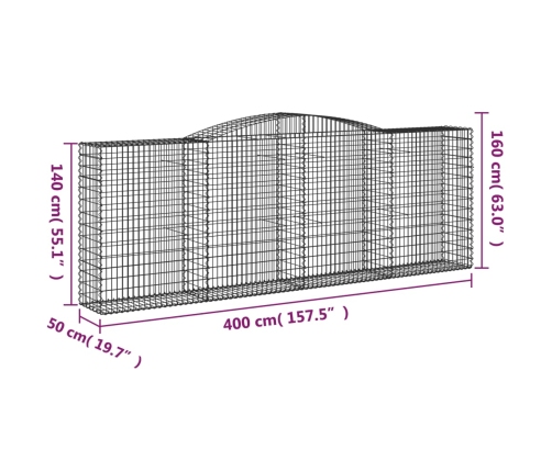 vidaXL arkveida gabiona grozi, 6 gb., 400x50x140/160cm, cinkota dzelzs