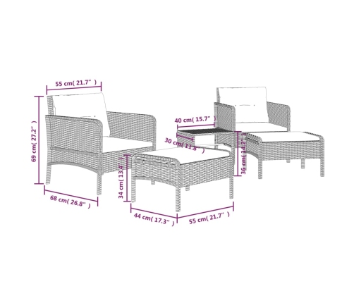 vidaXL 5-daļīgs dārza atpūtas mēbeļu komplekts ar matračiem, pelēks PE