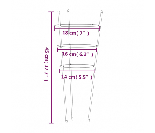 vidaXL dārza augu mietiņi ar 3 gredzeniem, 5 gb., zaļi, 45 cm, tērauds