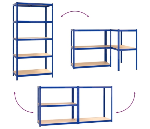 vidaXL 5-līmeņu plaukti, 3 gab., zils tērauds, inženierijas koks