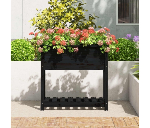 vidaXL puķu kaste ar plauktu, melna, 82,5x34,5x81, priedes masīvkoks