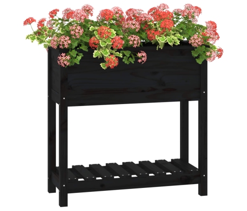 vidaXL puķu kaste ar plauktu, melna, 82,5x34,5x81, priedes masīvkoks
