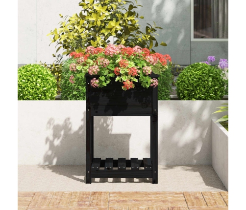 vidaXL puķu kaste ar plauktu, melna, 54x54x81 cm, priedes masīvkoks