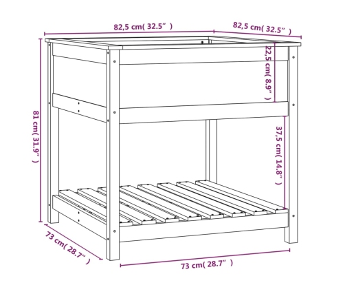 vidaXL puķu kaste ar plauktu, pelēka, 82,5x82,5x81, priedes masīvkoks