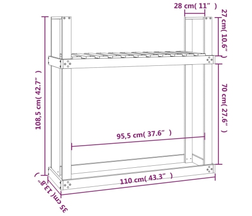 vidaXL malkas plaukts, 110x35x108,5 cm, priedes masīvkoks