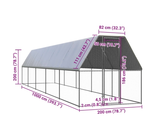 vidaXL vistu būris, 2x10x2 m, cinkots tērauds